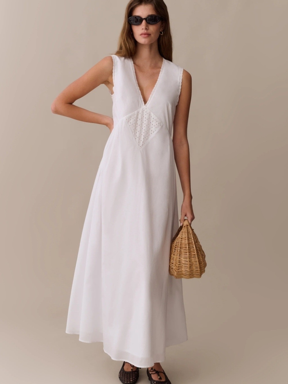 Few Moda V-Neck White Eyelet Detail Maxi Dress